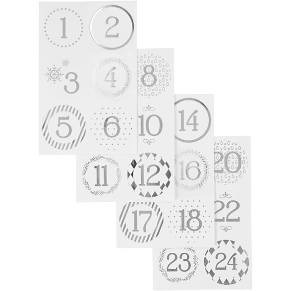 Kalendersiffror 1-24 silver till adventskalender (dia 4 cm)