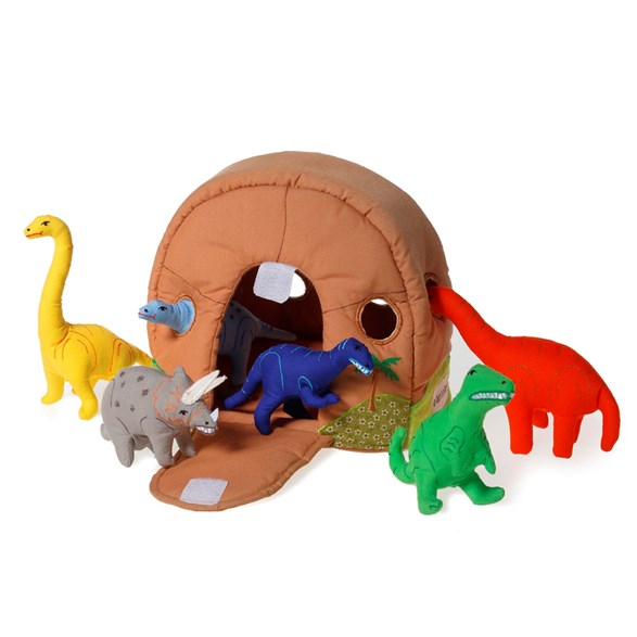 Dinohus i tyg med 6 dinosaurier