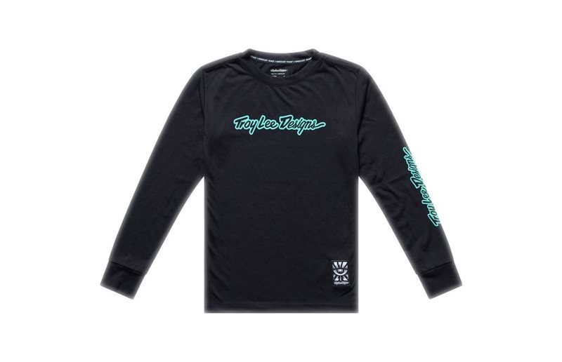 Cykeltröja Troy Lee Designs Youth Skyline Ride Long Sleeve Tee Signature Black/Real Teal